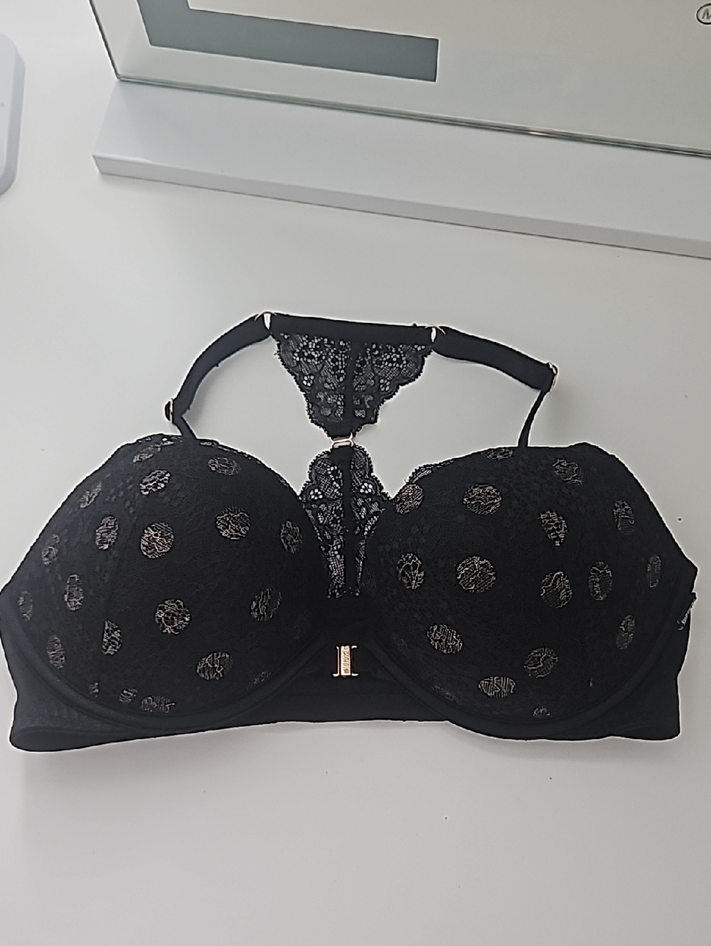 Black Lace Polka Dot Push-Up Bra with Decorative Back